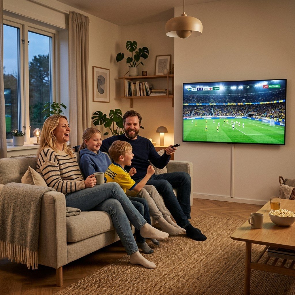Svensk familj som tittar på live fotboll via IPTV Sverige